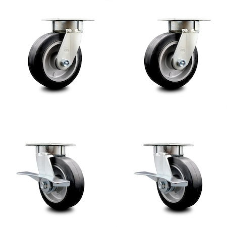 Kingpinless Rubber on Aluminum Swivel Top Plate Caster Set of 4 w/6" x 2" Black Wheels - Includes 2 Swivel with Brakes & 2 Swivel - 2200 lbs Total Capacity - Service Caster Brand